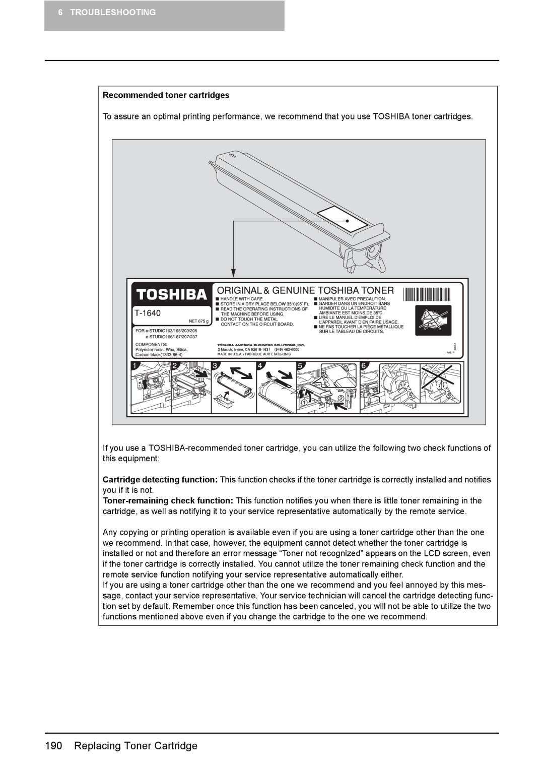 Toshiba E-Studio167, e-Studio237, E-STUDIO207 manual Recommended toner cartridges 