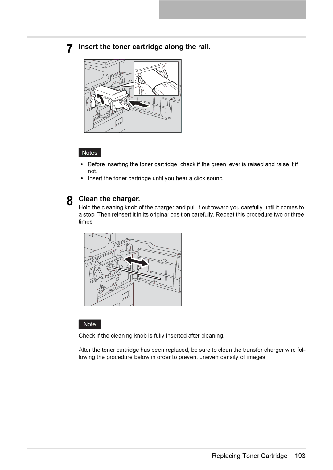 Toshiba E-Studio167, e-Studio237, E-STUDIO207 manual Insert the toner cartridge along the rail, Clean the charger 