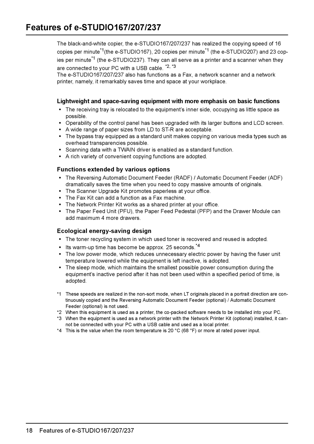 Toshiba E-STUDIO207, E-Studio167, e-Studio237 manual Features of e-STUDIO167/207/237, Functions extended by various options 