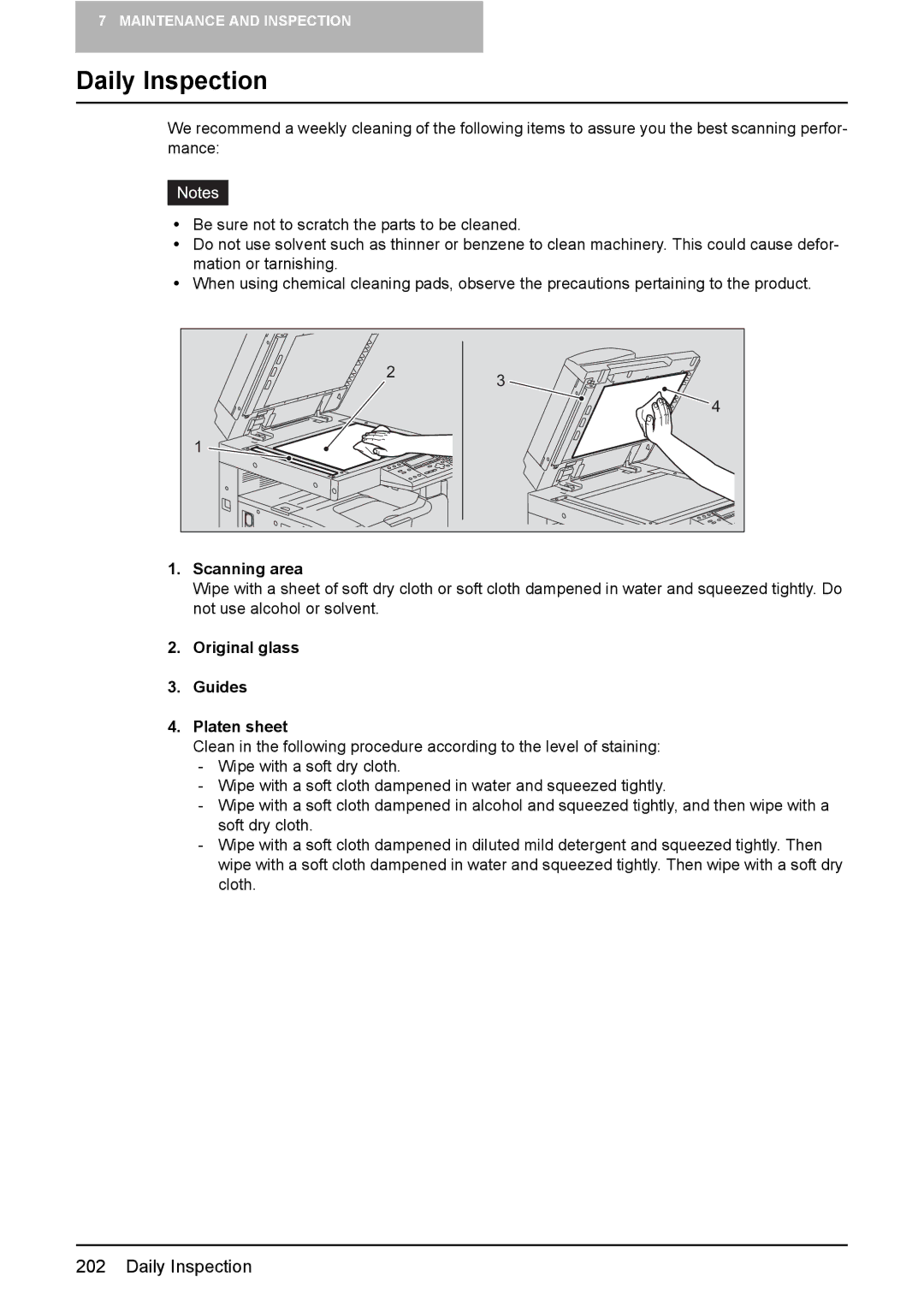 Toshiba E-Studio167, e-Studio237, E-STUDIO207 manual Daily Inspection, Original glass Guides Platen sheet 