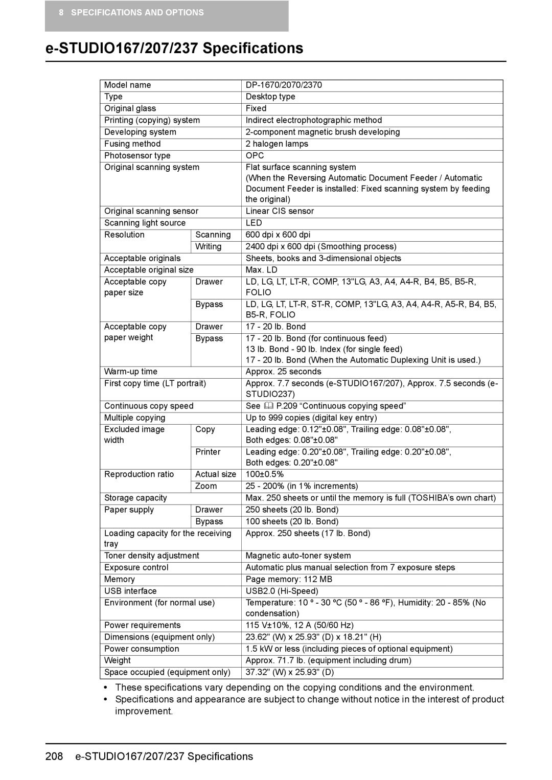 Toshiba E-Studio167, e-Studio237, E-STUDIO207 manual STUDIO167/207/237 Specifications 