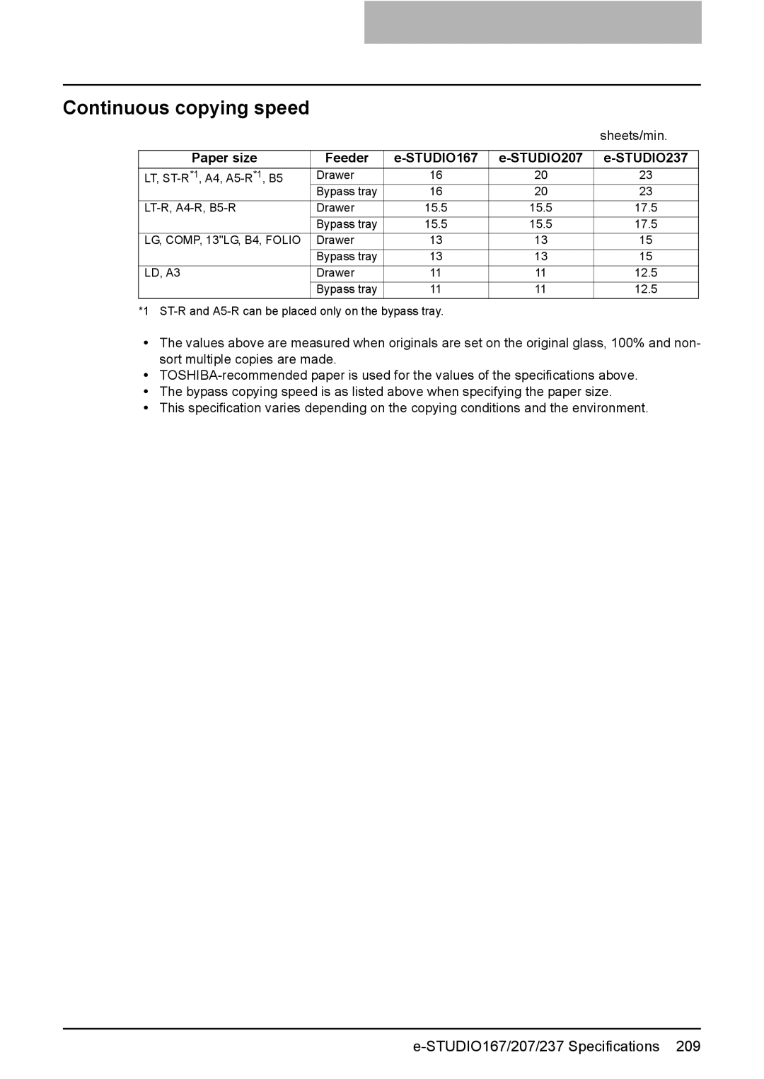 Toshiba e-Studio237, E-Studio167, E-STUDIO207 Continuous copying speed, Paper size Feeder STUDIO167 STUDIO207 STUDIO237 