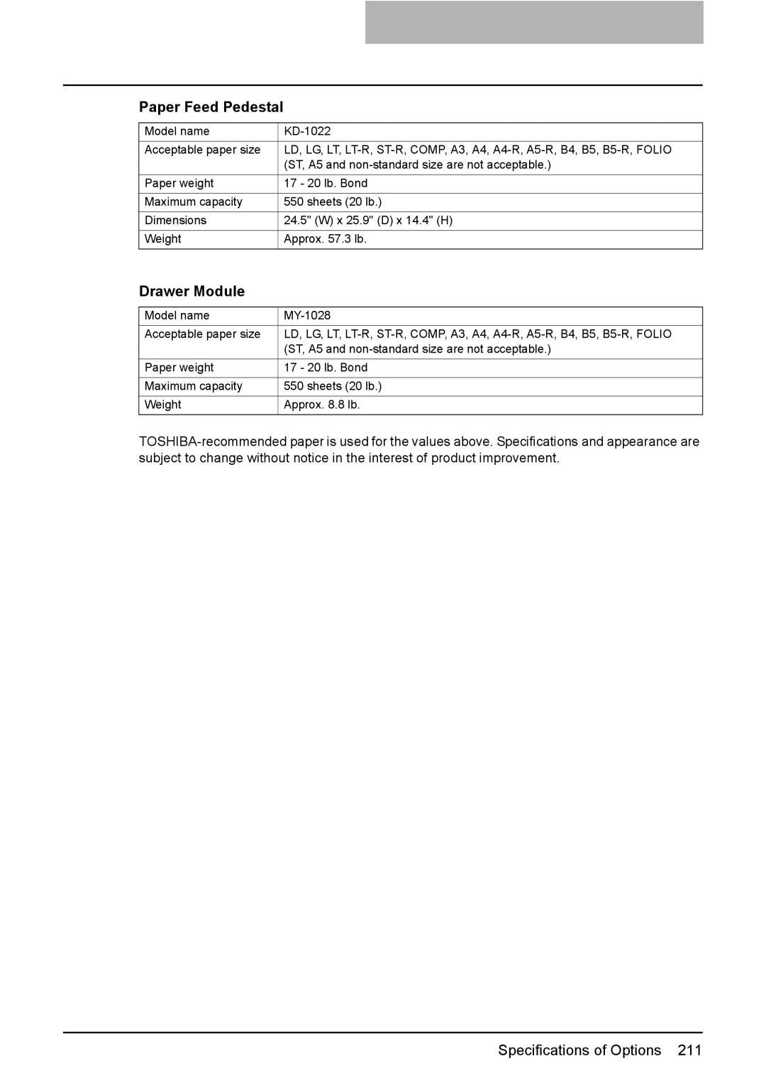 Toshiba E-Studio167, e-Studio237, E-STUDIO207 manual Paper Feed Pedestal, Drawer Module 