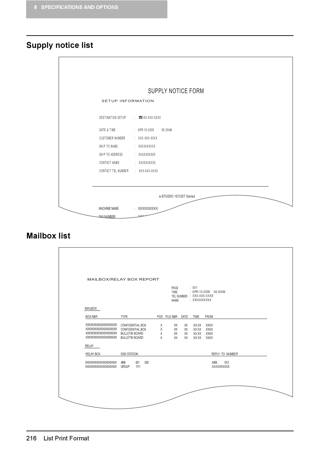 Toshiba E-STUDIO207, E-Studio167, e-Studio237 manual Supply notice list, Mailbox list 