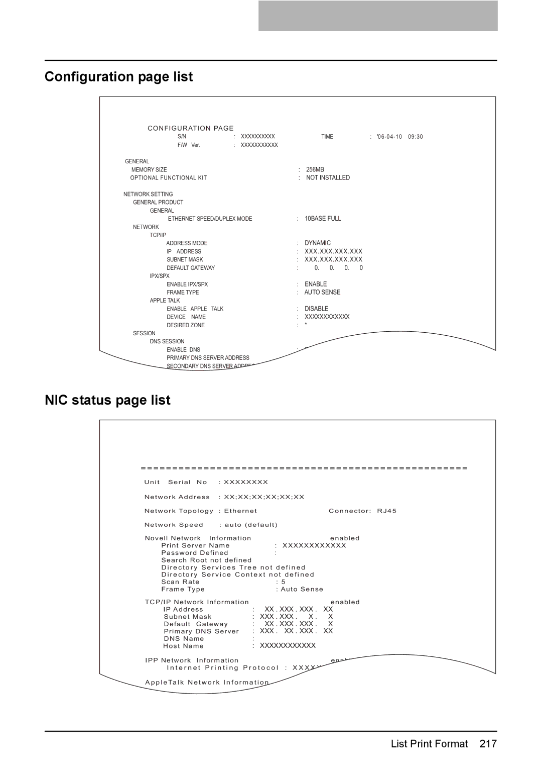 Toshiba E-Studio167, e-Studio237, E-STUDIO207 manual Configuration page list, NIC status page list 