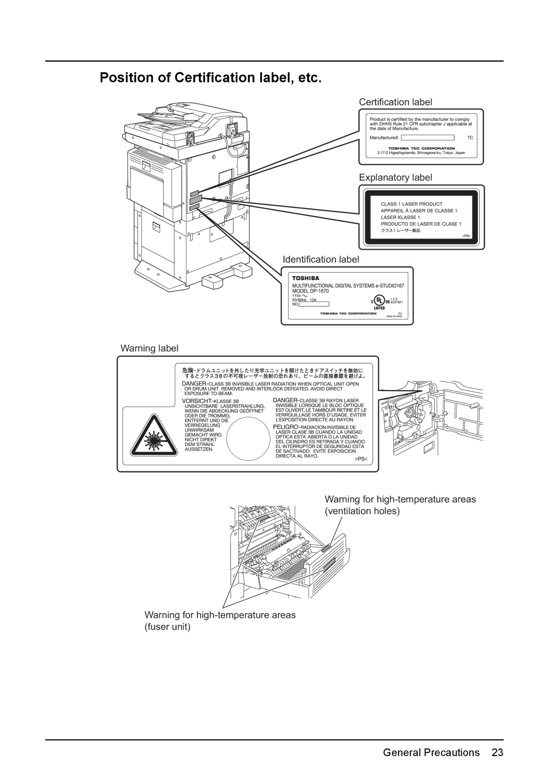 Toshiba e-Studio237, E-Studio167, E-STUDIO207 manual Position of Certification label, etc 