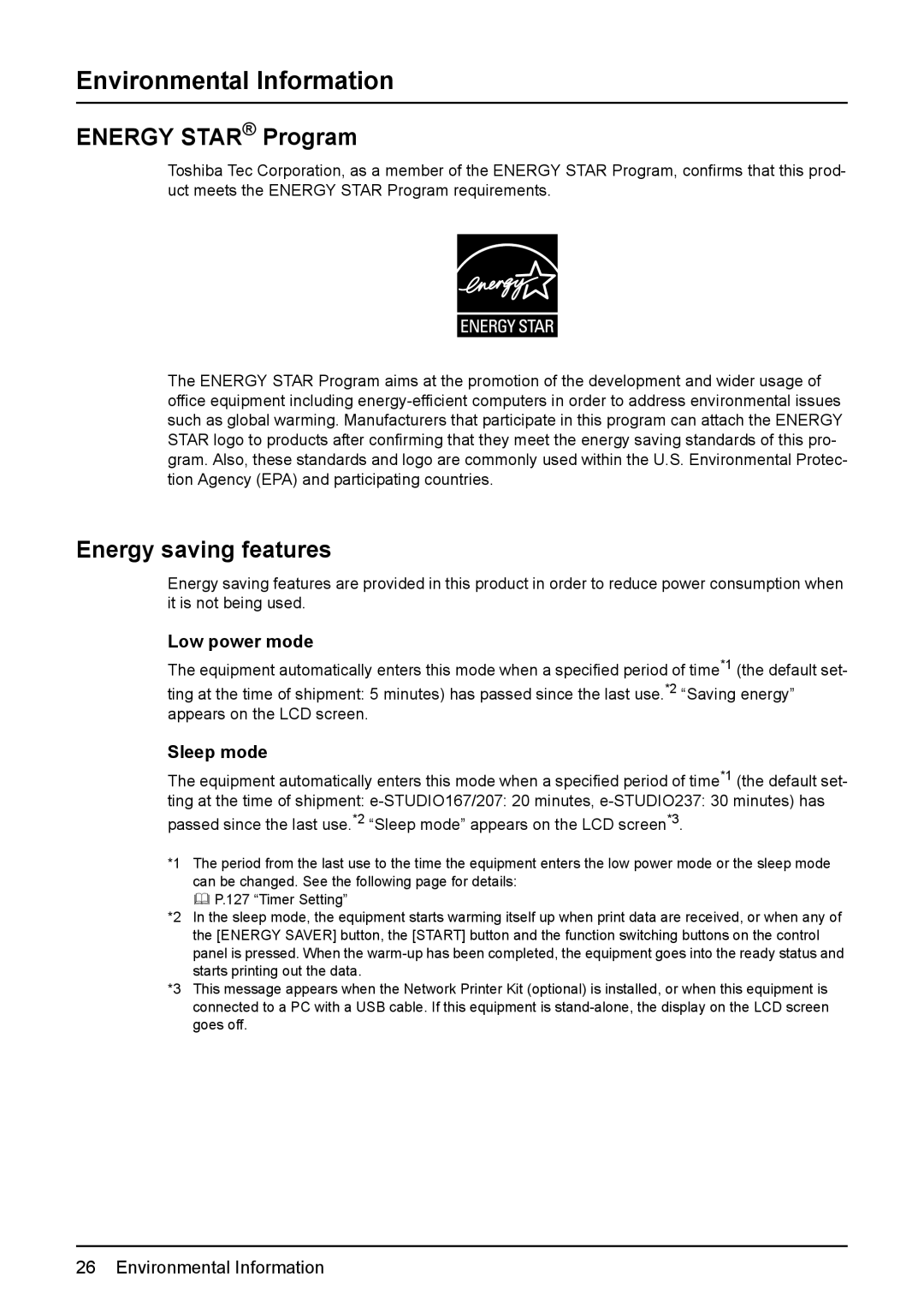 Toshiba e-Studio237 Environmental Information, Energy Star Program, Energy saving features, Low power mode, Sleep mode 