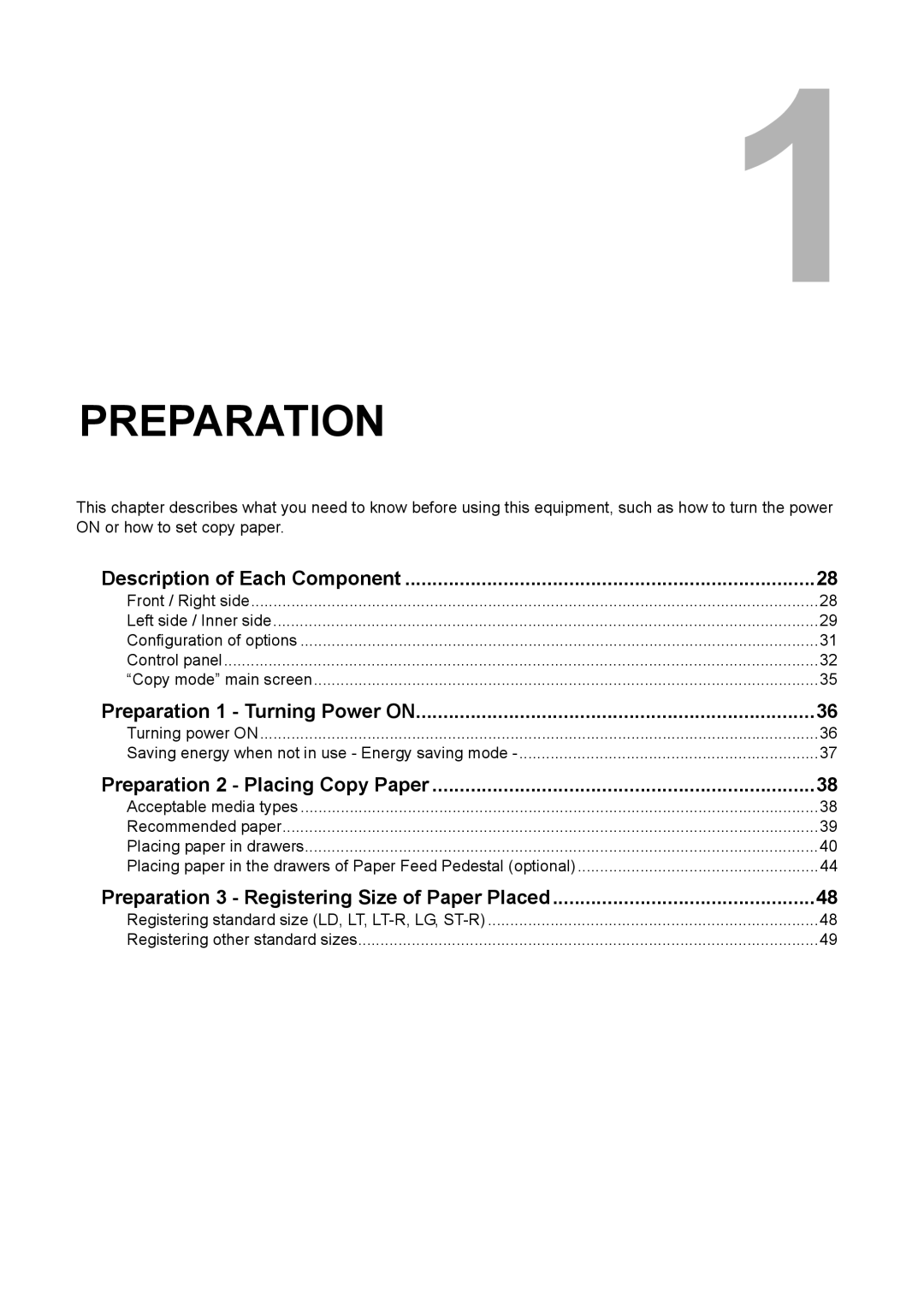 Toshiba E-STUDIO207 manual Description of Each Component, Preparation 1 Turning Power on, Preparation 2 Placing Copy Paper 