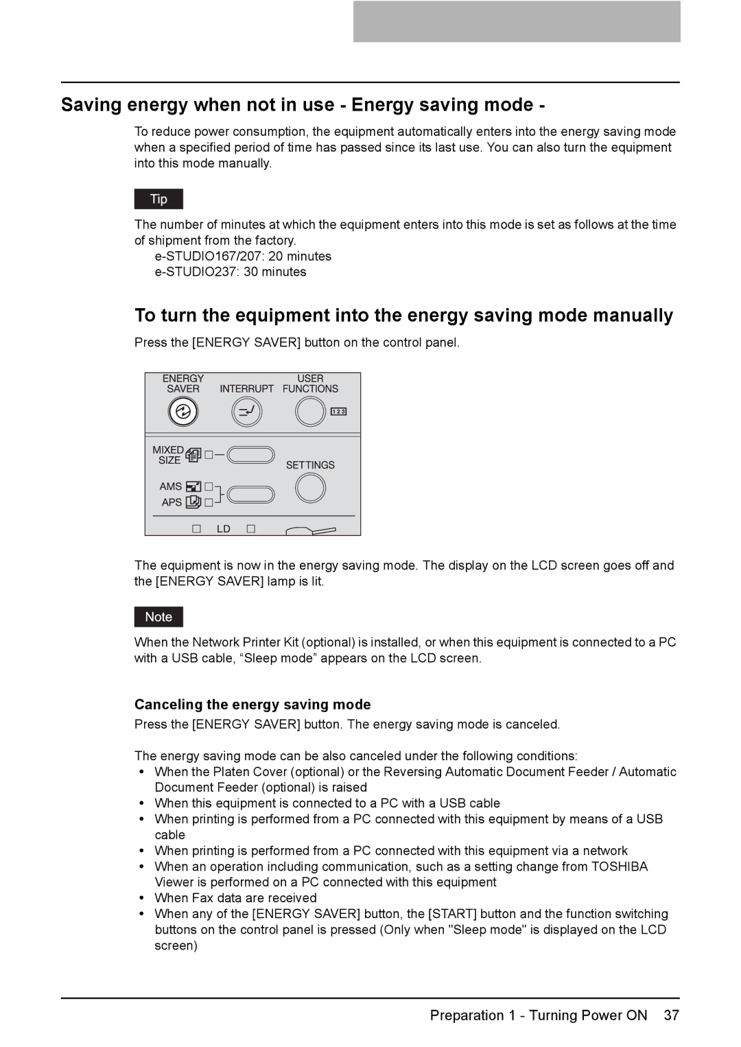 Toshiba E-Studio167, e-Studio237 manual Saving energy when not in use Energy saving mode, Canceling the energy saving mode 