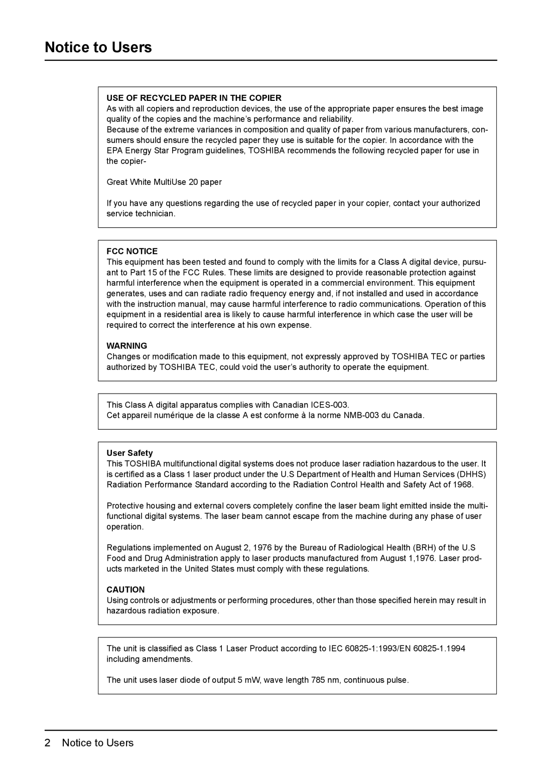 Toshiba e-Studio237, E-Studio167, E-STUDIO207 manual USE of Recycled Paper in the Copier 