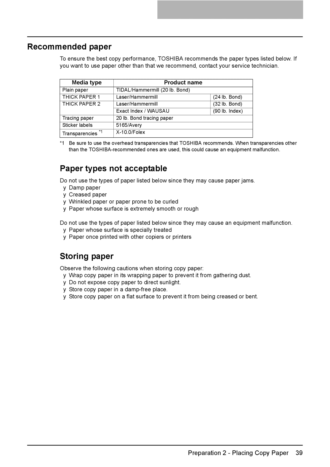 Toshiba E-STUDIO207, E-Studio167 Recommended paper, Paper types not acceptable, Storing paper, Media type Product name 