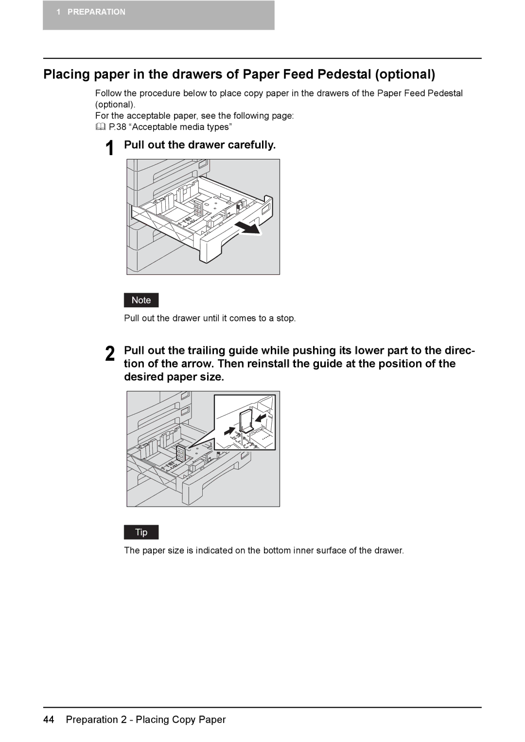 Toshiba e-Studio237, E-Studio167, E-STUDIO207 manual Placing paper in the drawers of Paper Feed Pedestal optional 