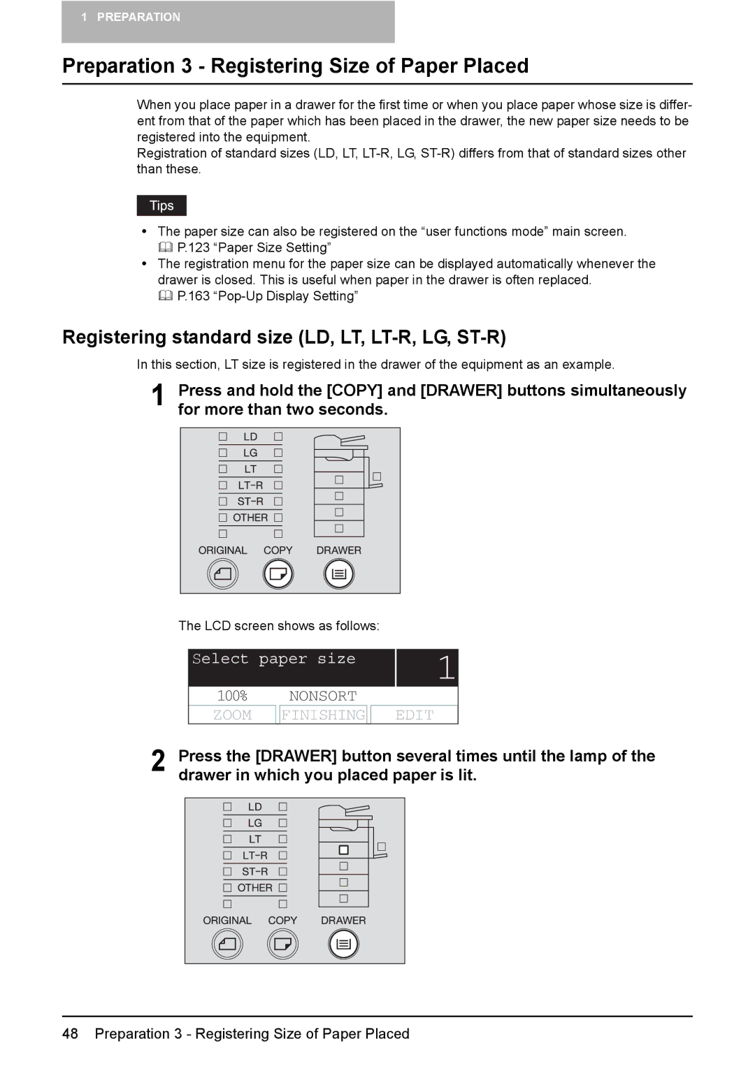 Toshiba E-STUDIO207 manual Preparation 3 Registering Size of Paper Placed, Registering standard size LD, LT, LT-R, LG, ST-R 