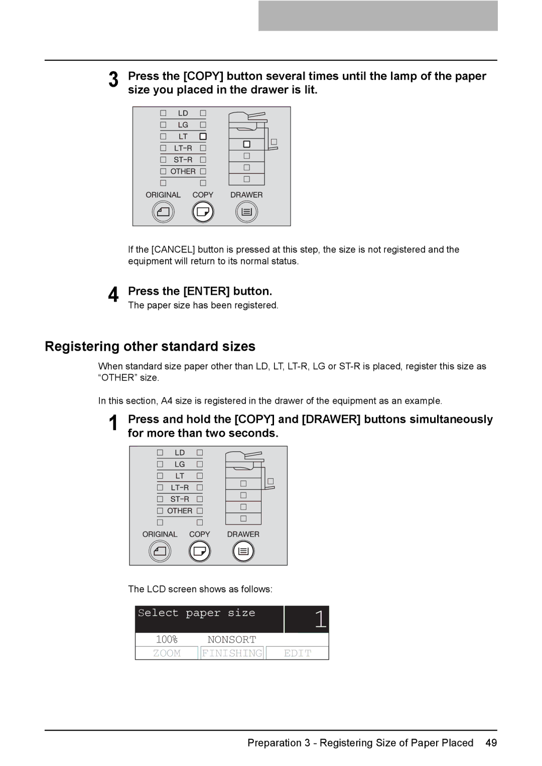 Toshiba E-Studio167, e-Studio237, E-STUDIO207 manual Registering other standard sizes 