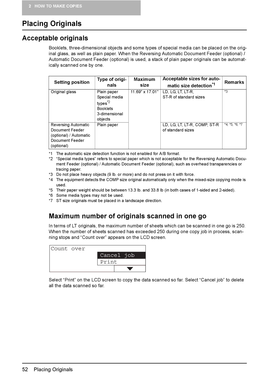 Toshiba E-Studio167, e-Studio237 Placing Originals, Acceptable originals, Maximum number of originals scanned in one go 