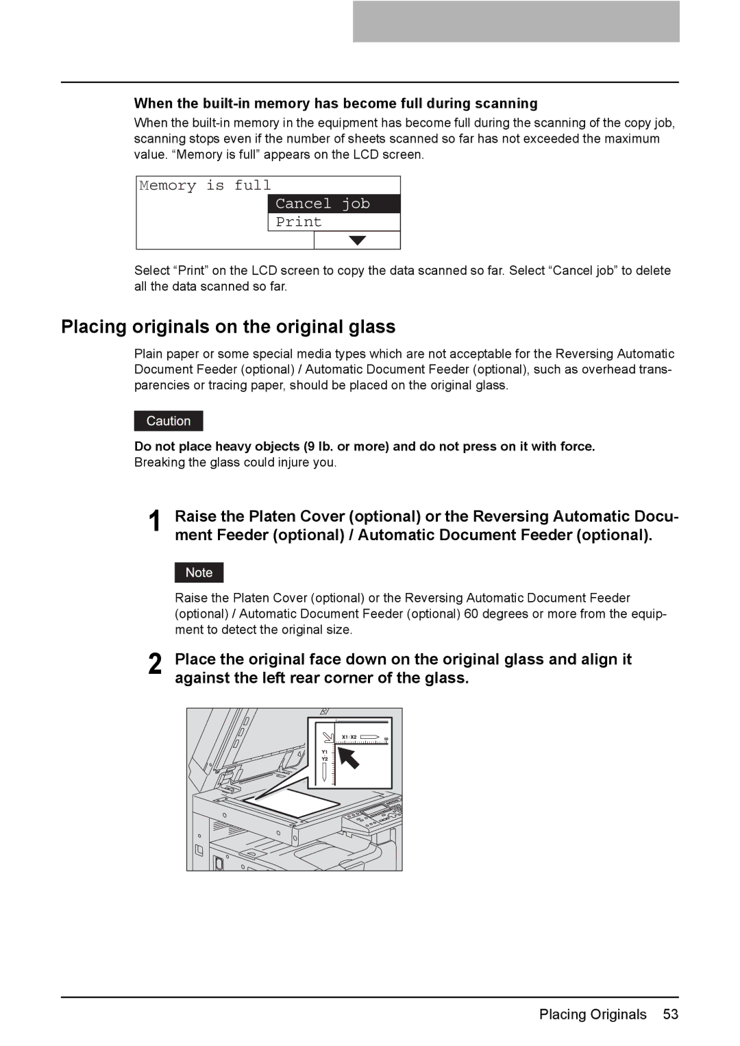 Toshiba e-Studio237 Placing originals on the original glass, When the built-in memory has become full during scanning 