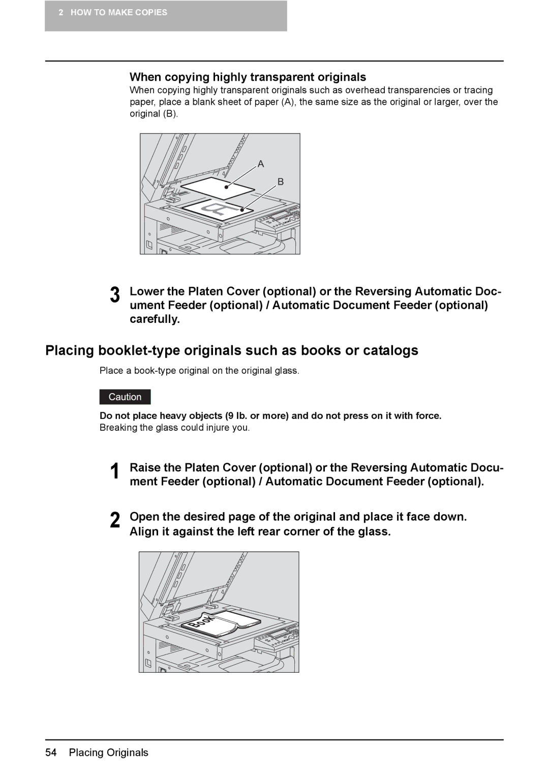 Toshiba E-STUDIO207 Placing booklet-type originals such as books or catalogs, When copying highly transparent originals 