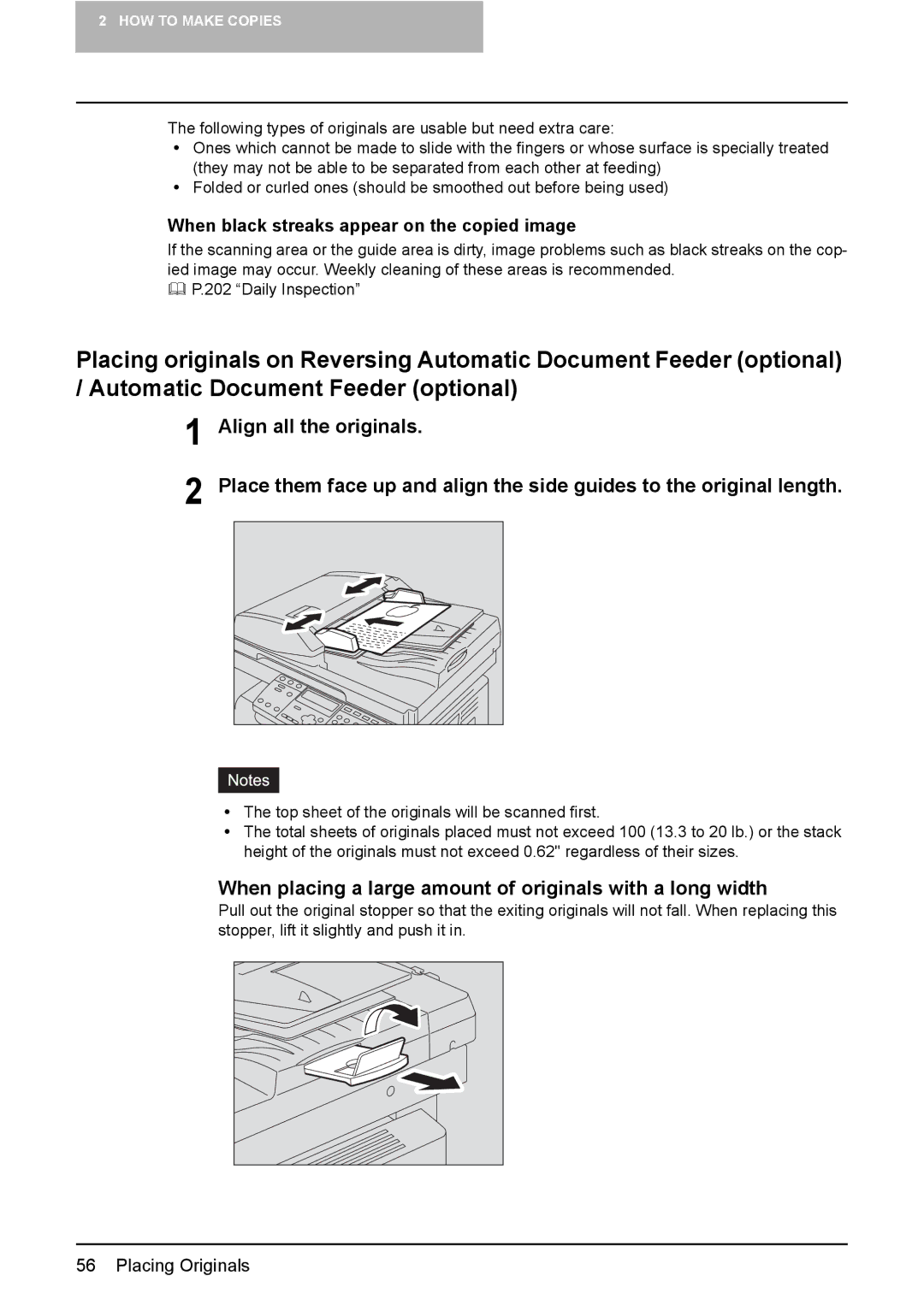 Toshiba e-Studio237, E-Studio167, E-STUDIO207 manual When placing a large amount of originals with a long width 