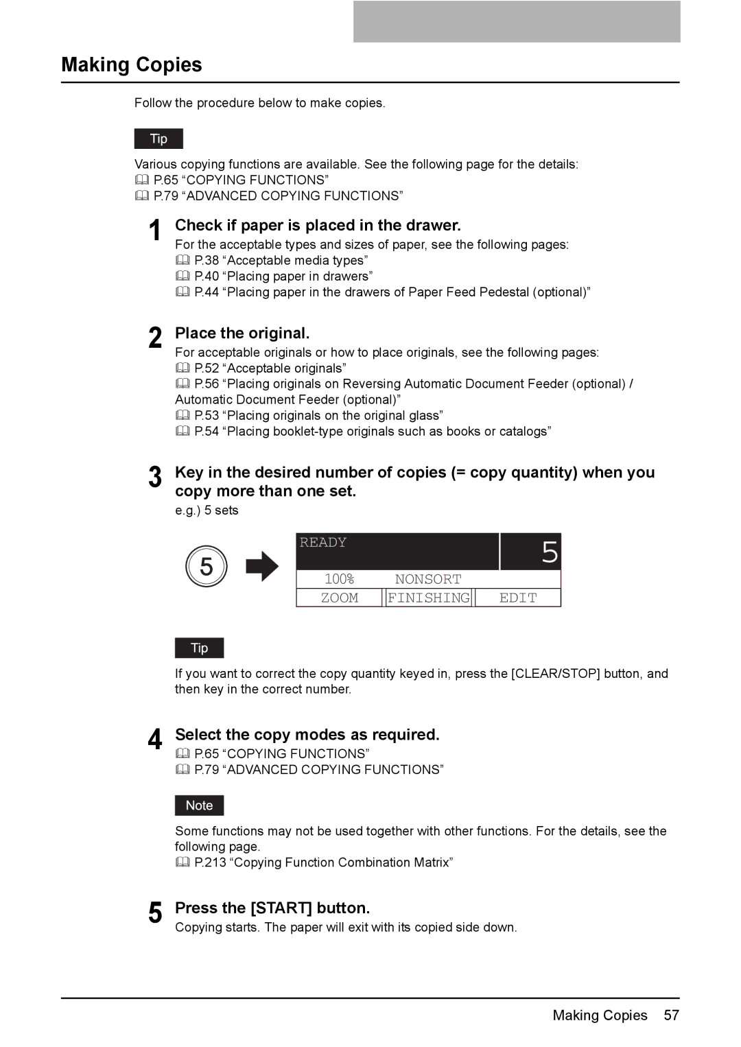 Toshiba E-STUDIO207 Making Copies, Check if paper is placed in the drawer, Place the original, Press the Start button 