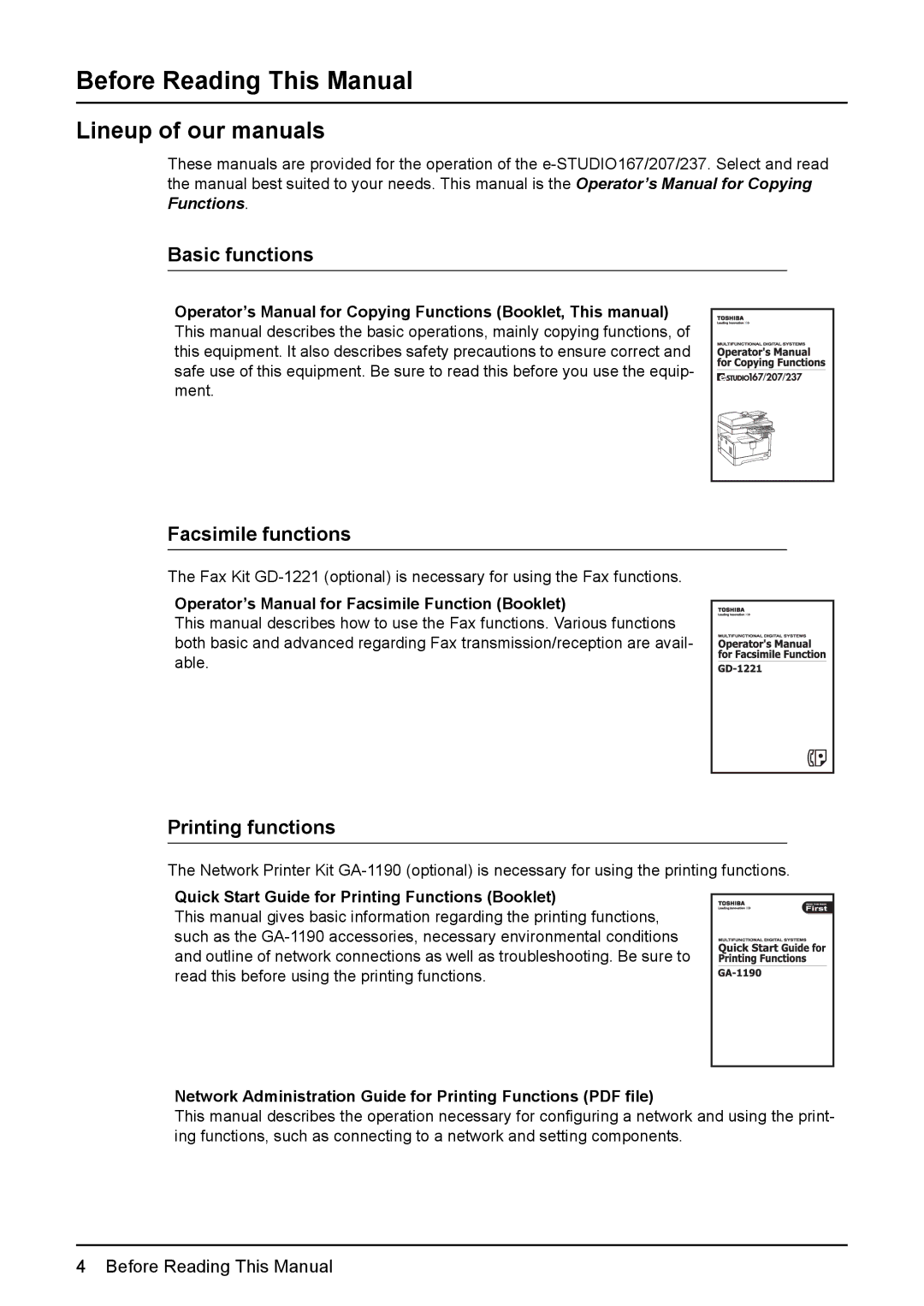 Toshiba E-Studio167, e-Studio237 Before Reading This Manual, Lineup of our manuals, Basic functions, Facsimile functions 