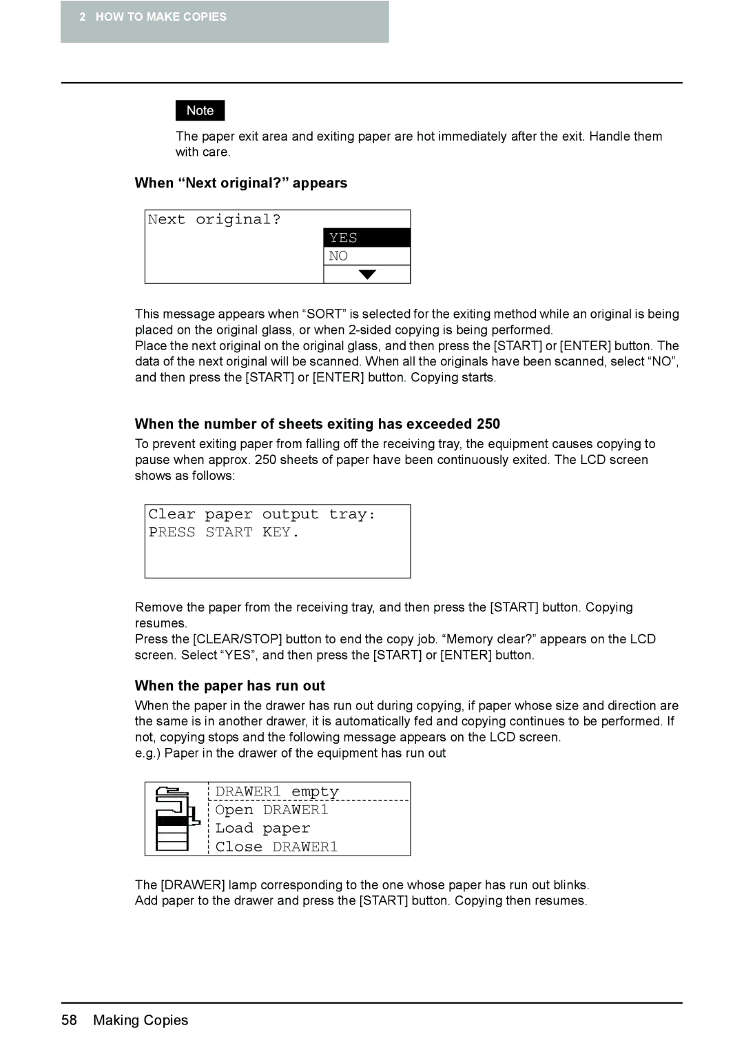 Toshiba E-Studio167 Yes, Press Start KEY, When Next original? appears, When the number of sheets exiting has exceeded 