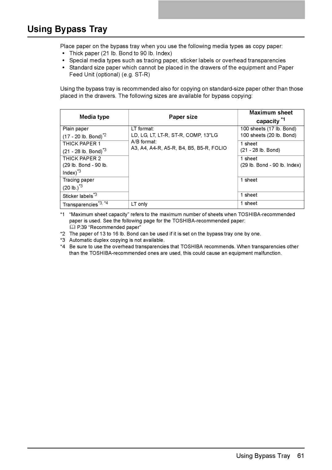 Toshiba E-Studio167, e-Studio237, E-STUDIO207 manual Using Bypass Tray, Media type Paper size Maximum sheet Capacity *1 