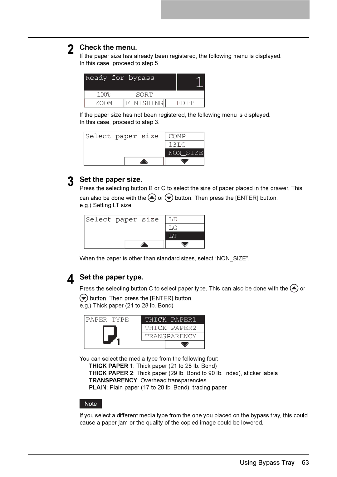 Toshiba E-STUDIO207, E-Studio167, e-Studio237 Check the menu, Nonsize, Set the paper size, Set the paper type, Thick PAPER1 