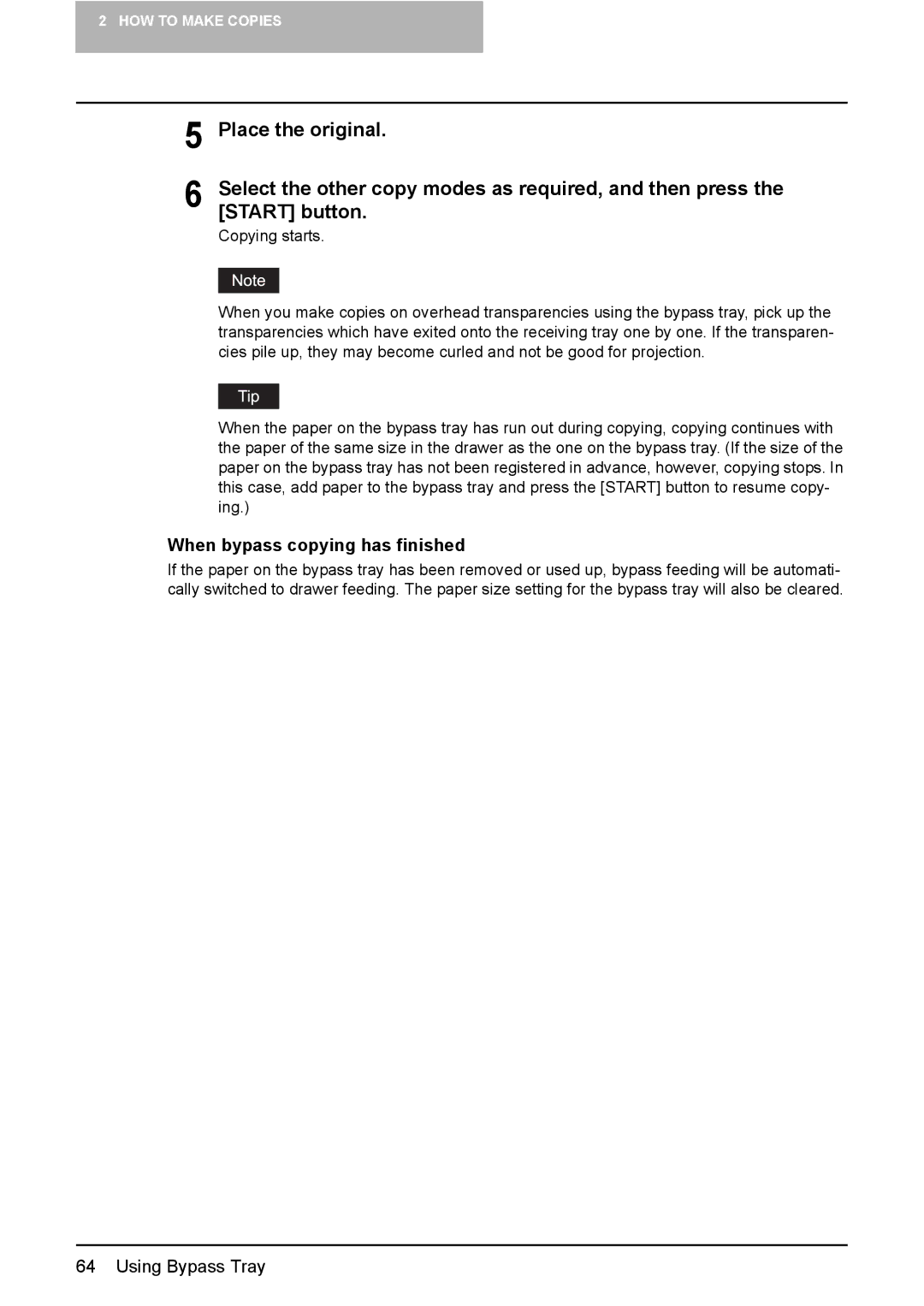 Toshiba E-Studio167, e-Studio237, E-STUDIO207 manual When bypass copying has finished 