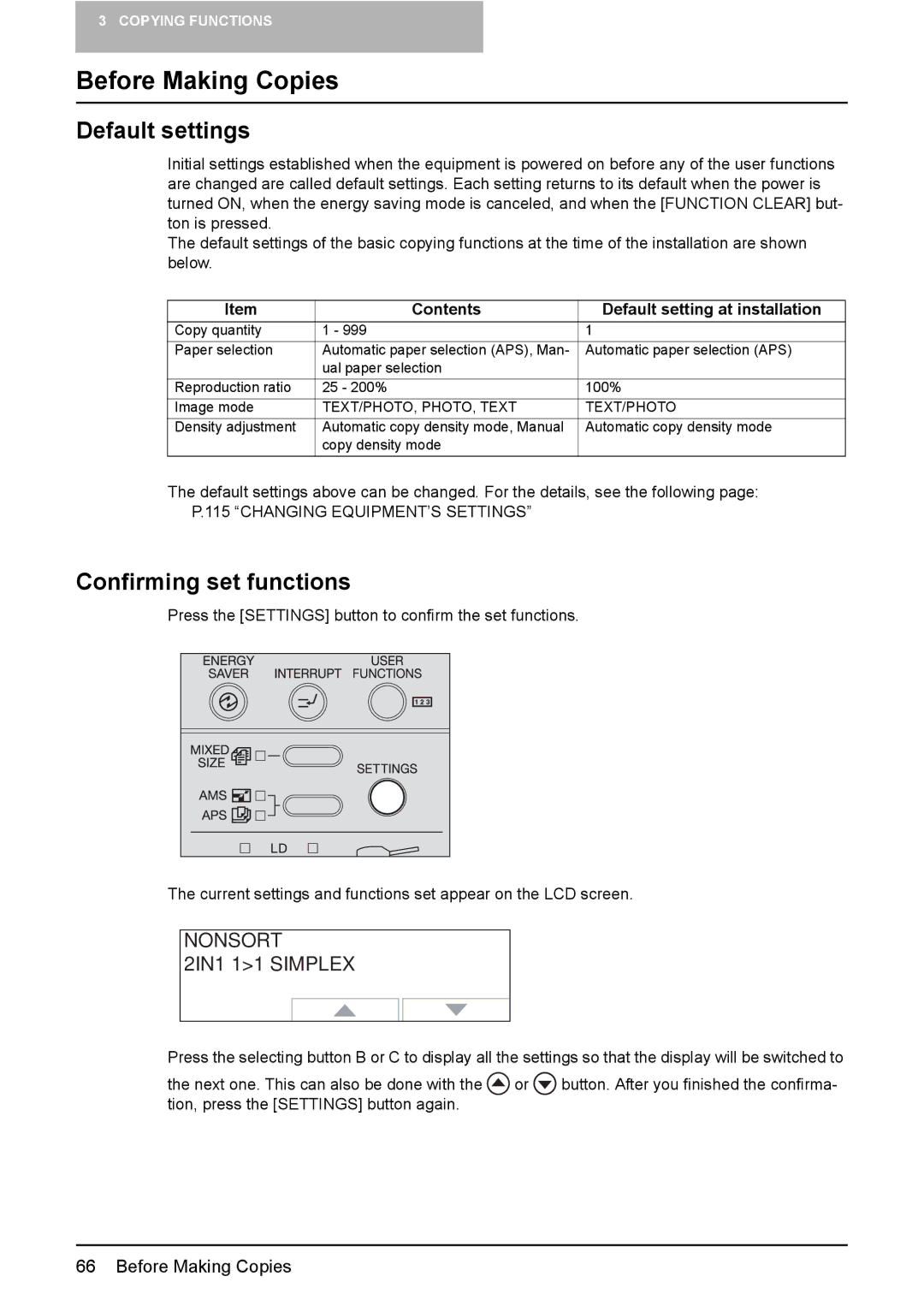 Toshiba E-STUDIO207, E-Studio167 Before Making Copies, Default settings, Confirming set functions, Nonsort 2IN1 11 Simplex 