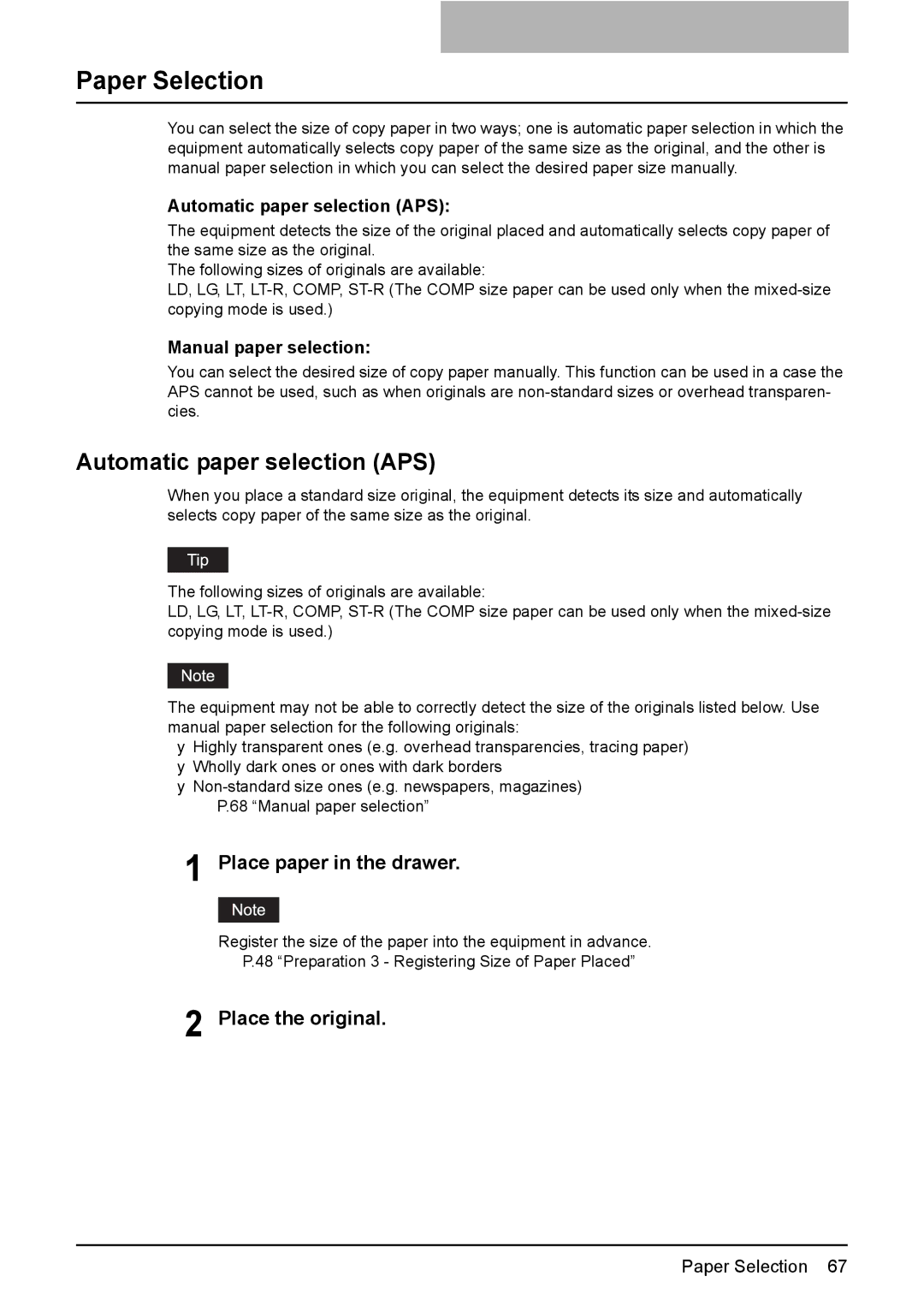 Toshiba E-Studio167, e-Studio237, E-STUDIO207 manual Paper Selection, Automatic paper selection APS 