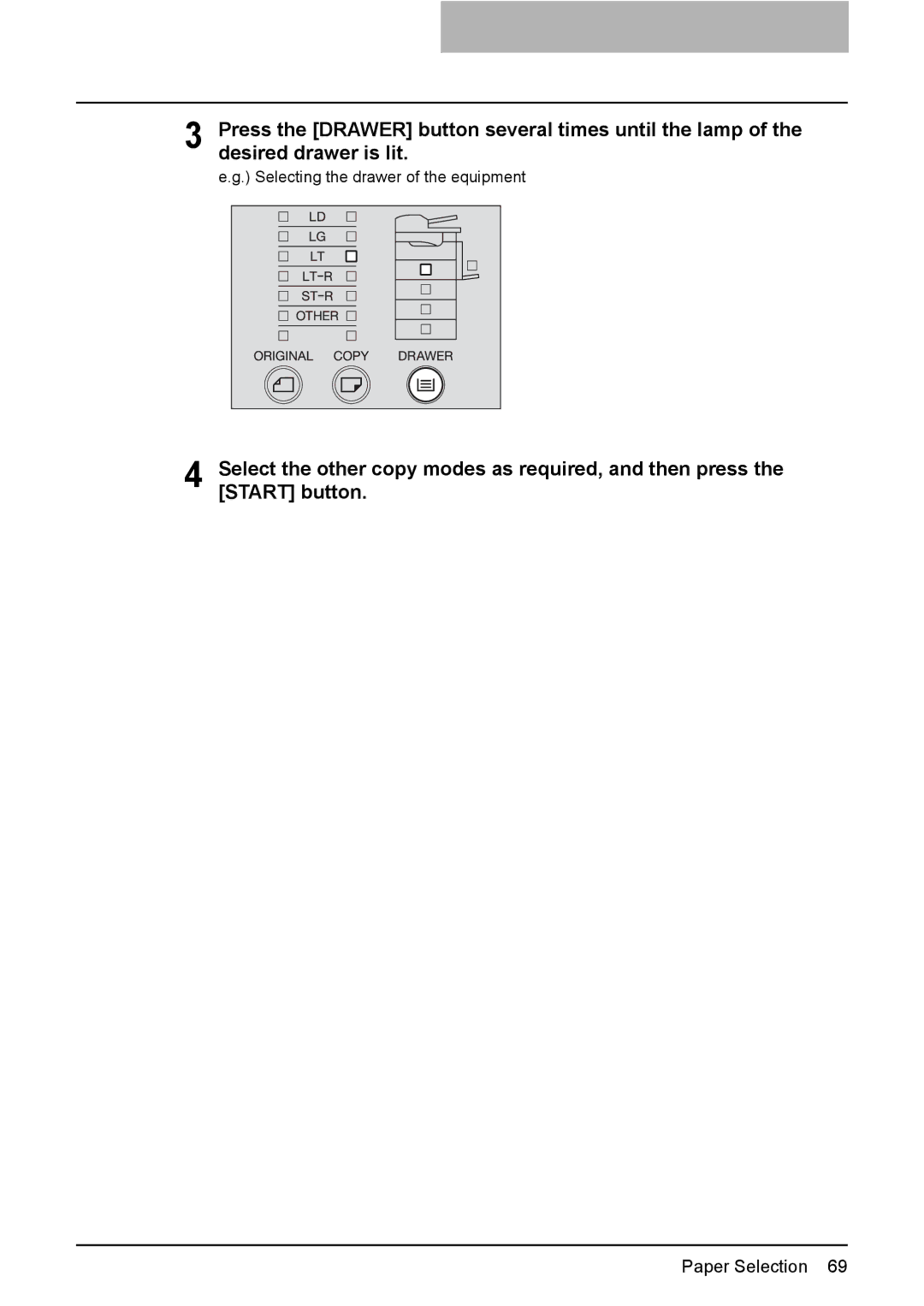 Toshiba E-STUDIO207, E-Studio167, e-Studio237 manual Selecting the drawer of the equipment 