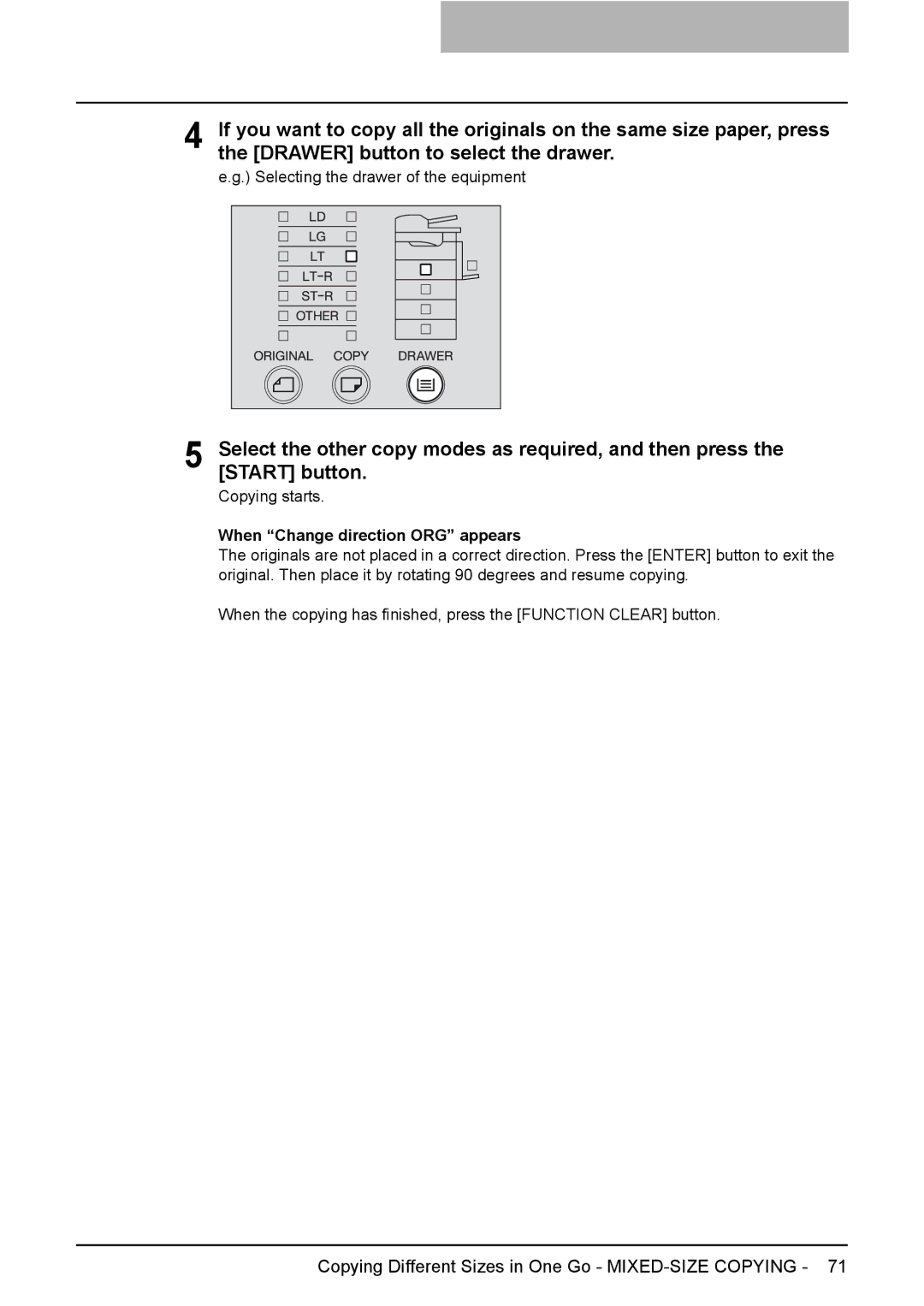 Toshiba e-Studio237, E-Studio167, E-STUDIO207 manual When Change direction ORG appears 