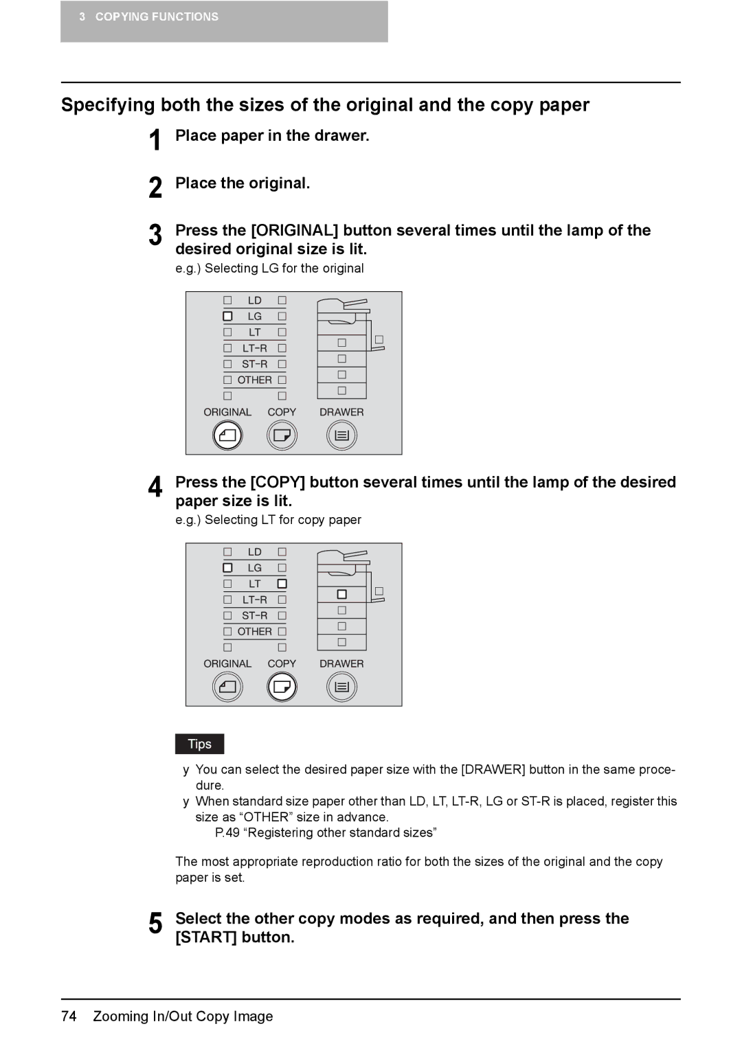 Toshiba e-Studio237, E-Studio167, E-STUDIO207 manual Specifying both the sizes of the original and the copy paper 