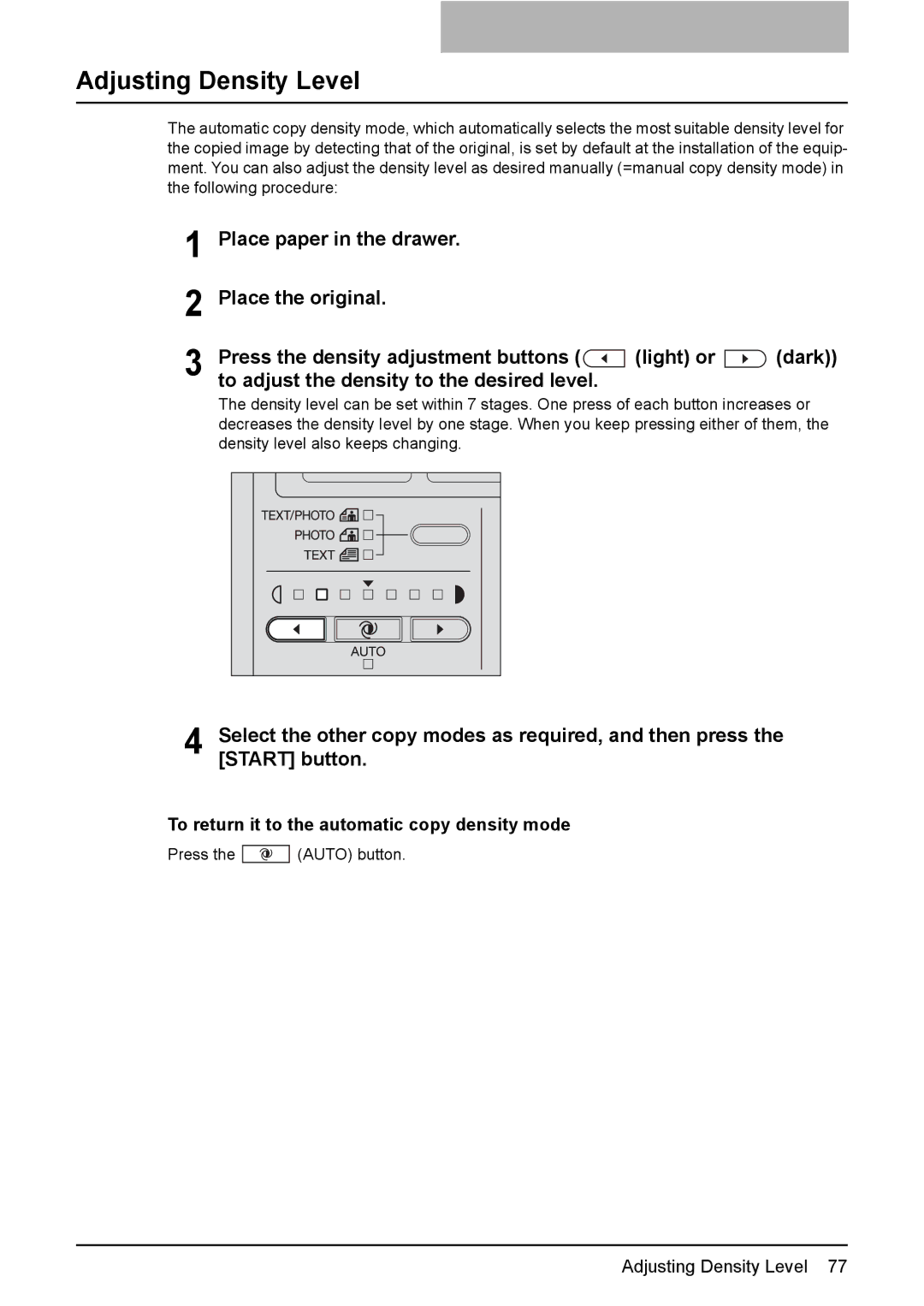 Toshiba e-Studio237, E-Studio167, E-STUDIO207 Adjusting Density Level, To adjust the density to the desired level, Dark 