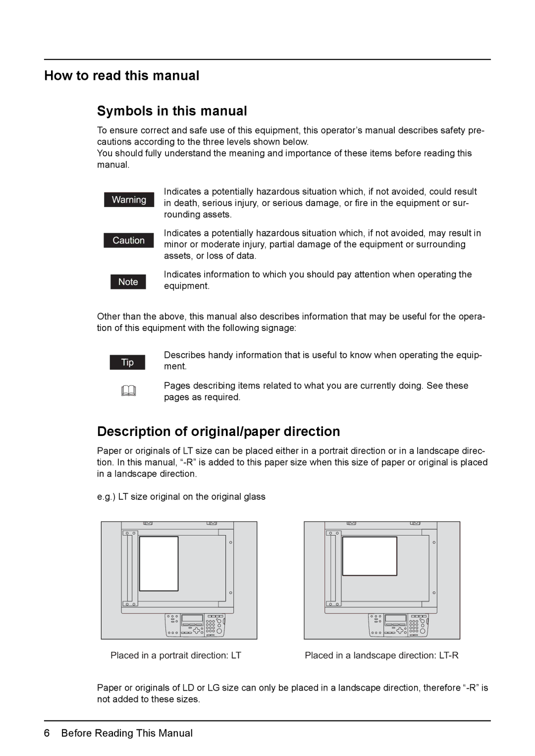 Toshiba E-STUDIO207, E-Studio167 How to read this manual Symbols in this manual, Description of original/paper direction 