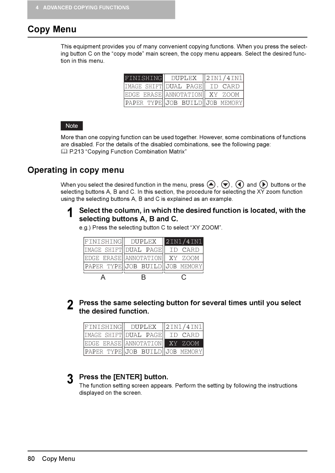 Toshiba e-Studio237, E-Studio167, E-STUDIO207 manual Copy Menu, Operating in copy menu, Selecting buttons A, B and C, Zoom 