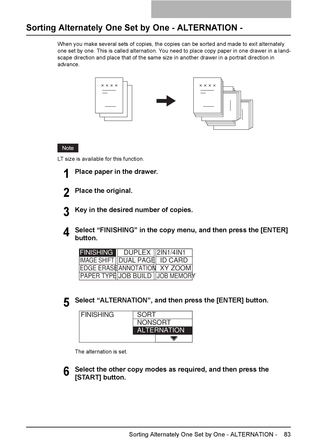 Toshiba e-Studio237, E-Studio167 manual Sorting Alternately One Set by One Alternation, Button, Finishing Sort Nonsort 