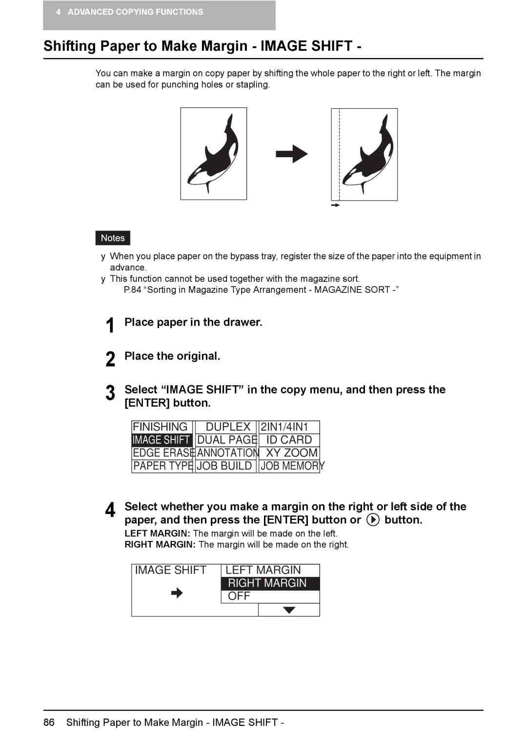 Toshiba e-Studio237 Shifting Paper to Make Margin Image Shift, Enter button, Image Shift Left Margin, Right Margin, Off 