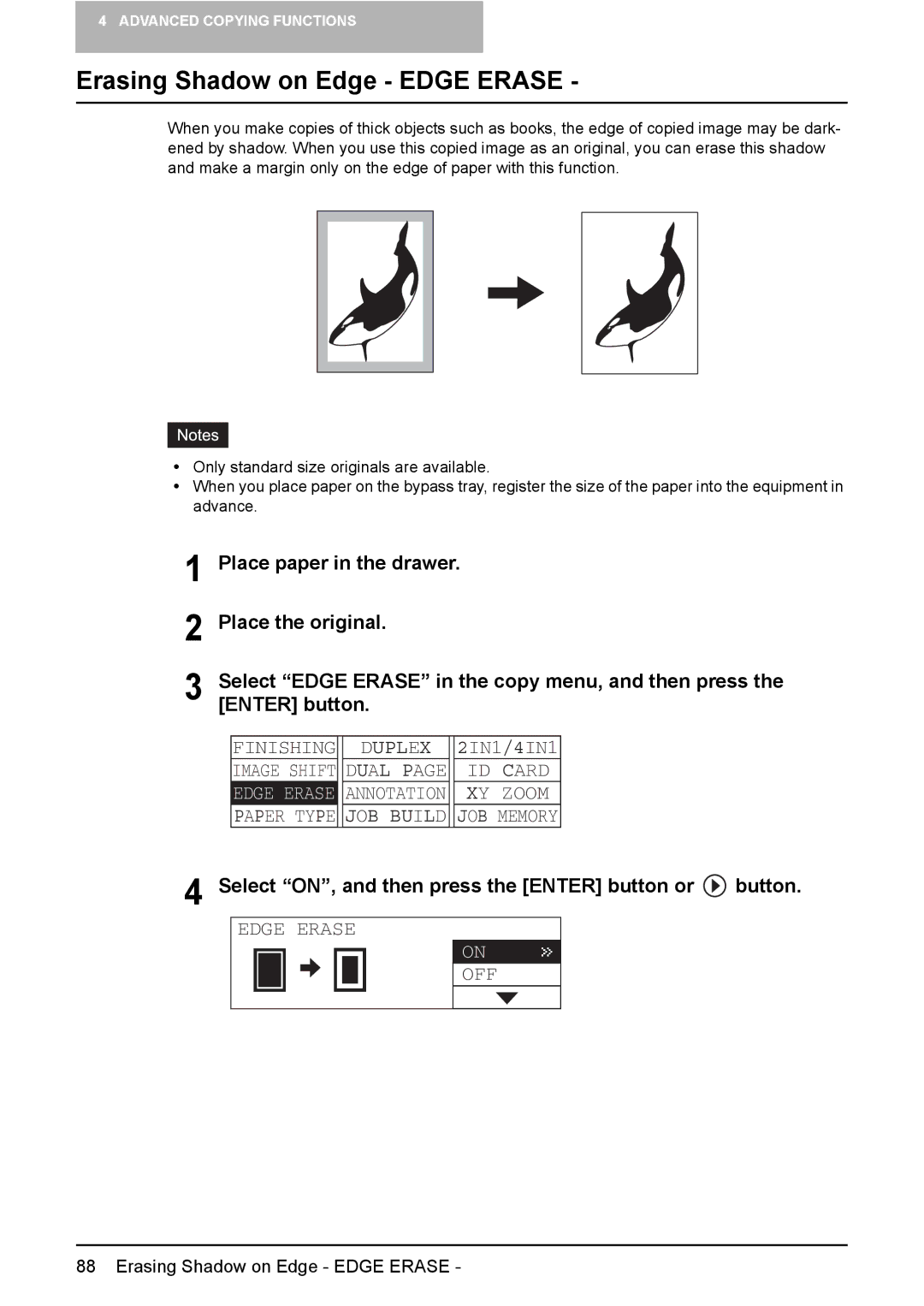 Toshiba E-Studio167, e-Studio237 Erasing Shadow on Edge Edge Erase, Select ON, and then press the Enter button or button 