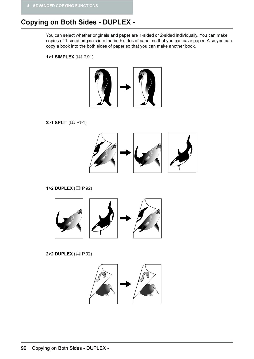Toshiba E-STUDIO207, E-Studio167, e-Studio237 manual Copying on Both Sides Duplex, Simplex P.91 Split P.91 Duplex 