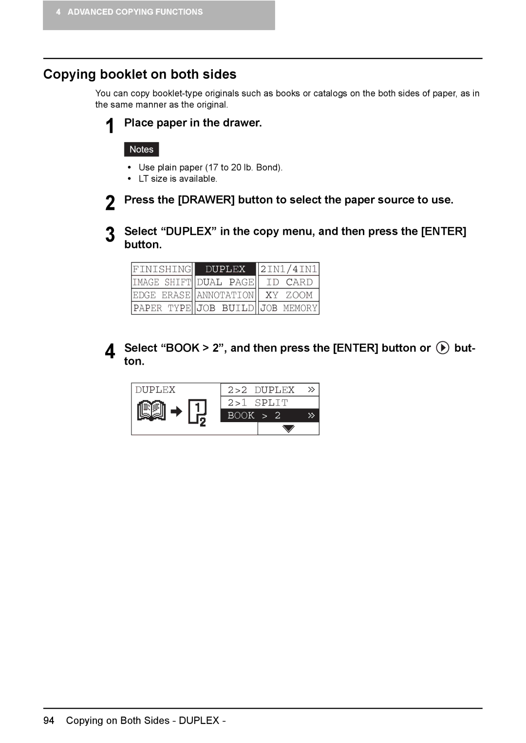 Toshiba E-Studio167 Copying booklet on both sides, Press the Drawer button to select the paper source to use, Duplex Split 