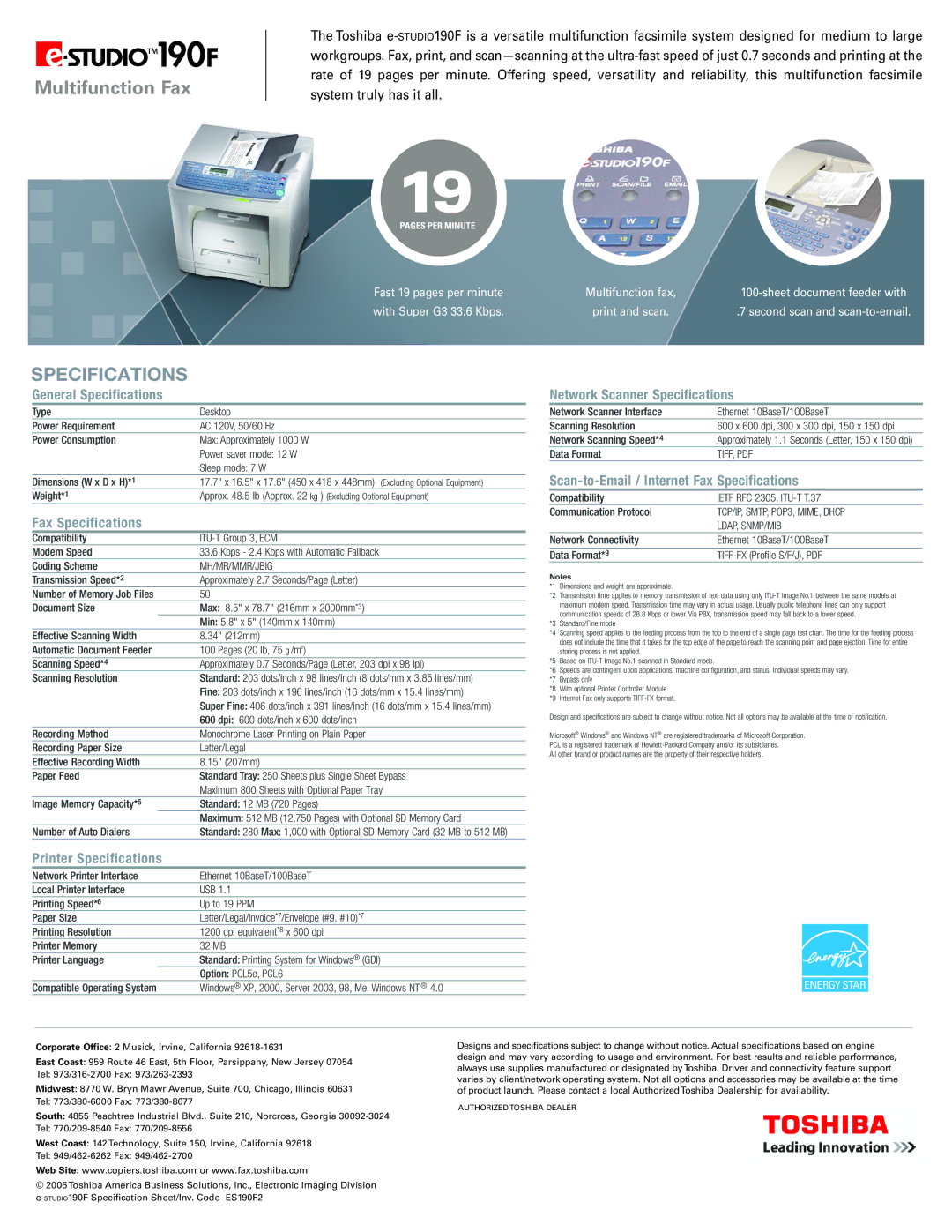 Toshiba E-STUDIO190F General Specifications, Fax Specifications, Printer Specifications, Network Scanner Specifications 