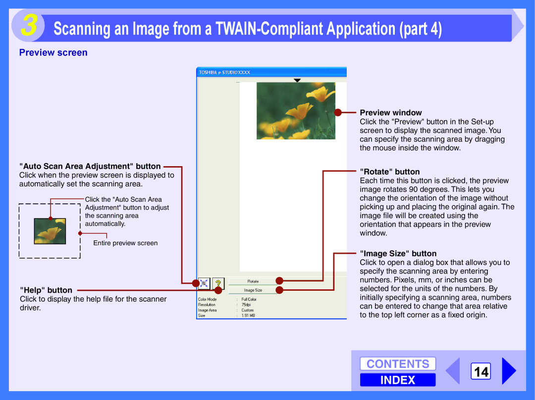 Toshiba E-STUDIO202S manual Preview screen, Auto Scan Area Adjustment button 