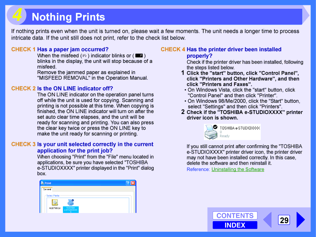 Toshiba E-STUDIO202S manual Nothing Prints, Check 1 Has a paper jam occurred?, Check 2 Is the on Line indicator off? 