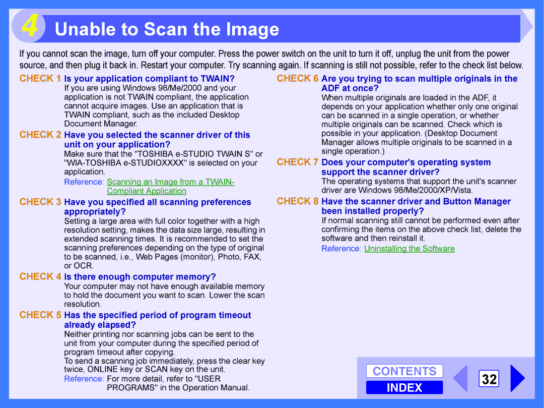 Toshiba E-STUDIO202S manual Unable to Scan the Image, Check 1 Is your application compliant to TWAIN? 