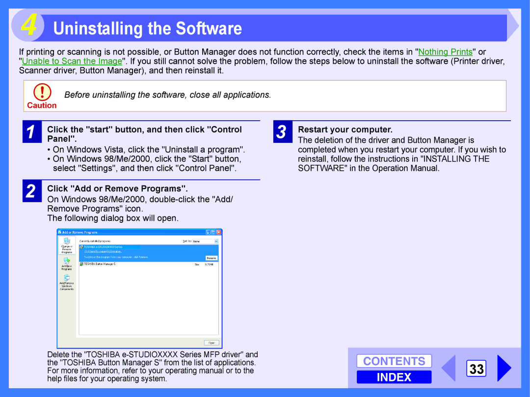 Toshiba E-STUDIO202S manual Uninstalling the Software, Click Add or Remove Programs, Restart your computer 