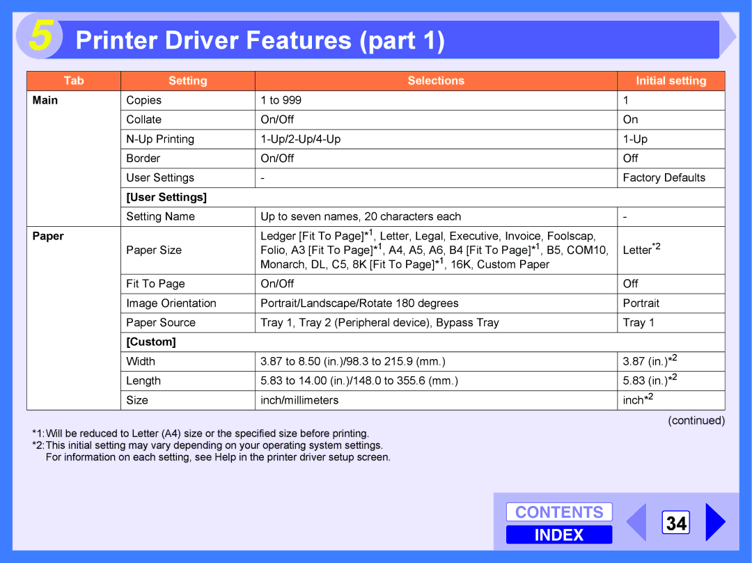 Toshiba E-STUDIO202S manual Printer Driver Features part, Tab Setting Selections Initial setting 