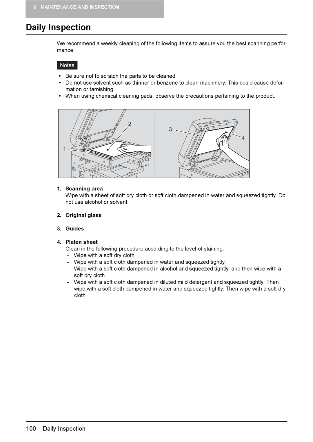 Toshiba e-STUDIO203 manual Daily Inspection, Original glass Guides Platen sheet 