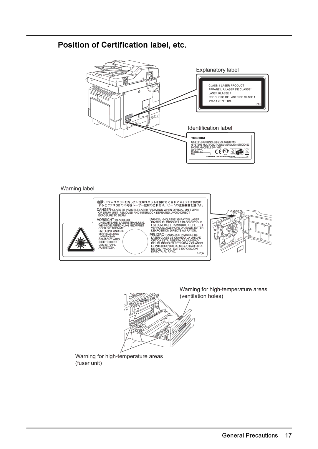 Toshiba e-STUDIO203 manual Position of Certification label, etc 