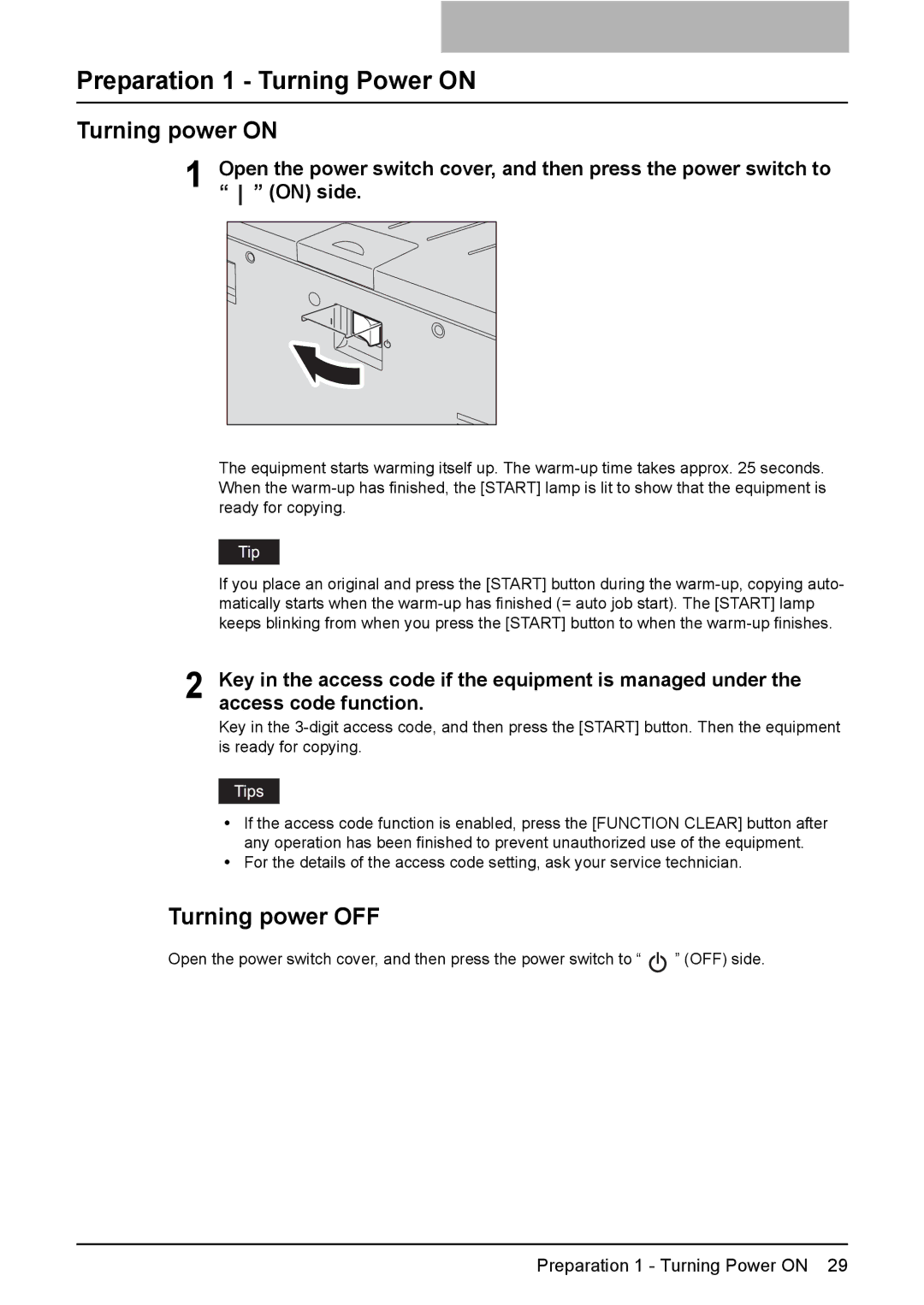 Toshiba e-STUDIO203 manual Preparation 1 Turning Power on, Turning power on, Turning power OFF 